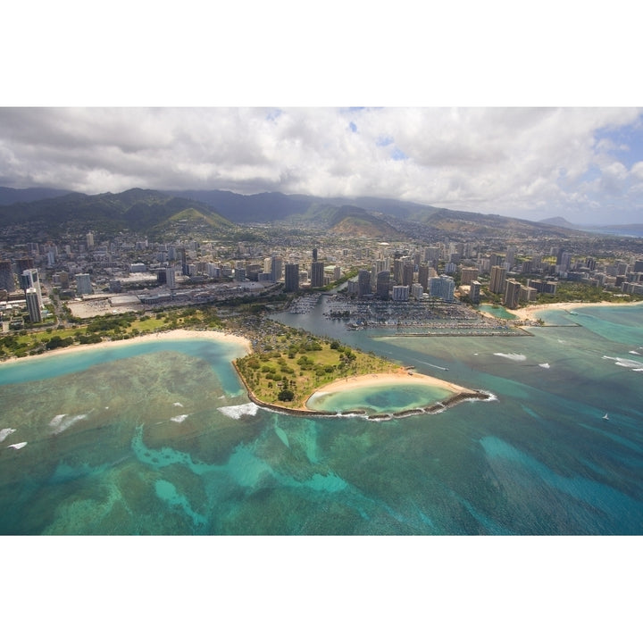 USA Hawaii Oahu Ala Wai Yacht Basin and Ala Moana Beach Park; Honolulu Aerial view of Magic Island Print Image 1