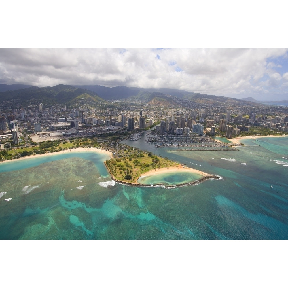 USA Hawaii Oahu Ala Wai Yacht Basin and Ala Moana Beach Park; Honolulu Aerial view of Magic Island Print Image 2