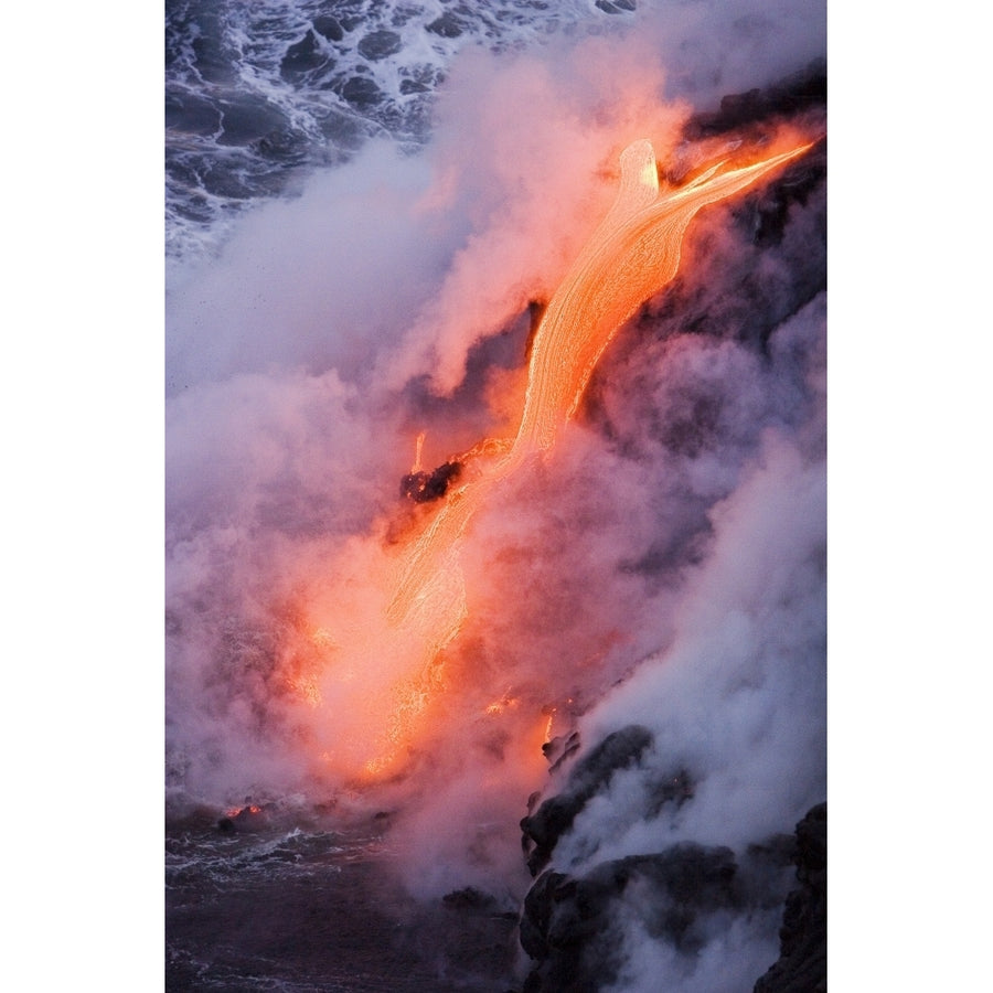 Hawaii Big Island Near Kalapana Pahoehoe Lava Flowing From Kilauea Into Steaming Pacific Ocean. Print Image 1