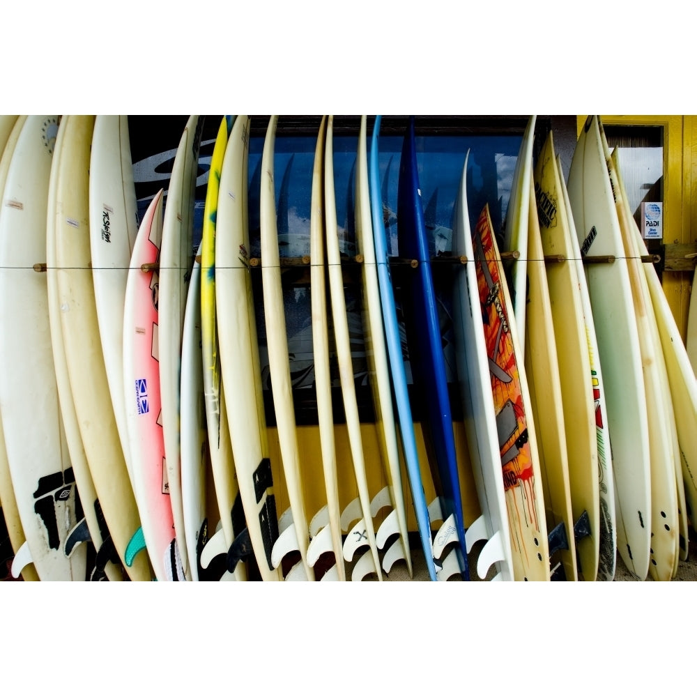 Hawaii Oahu North Shore Haleiwa row of surfboards outside of a surfshop Poster Print Image 1