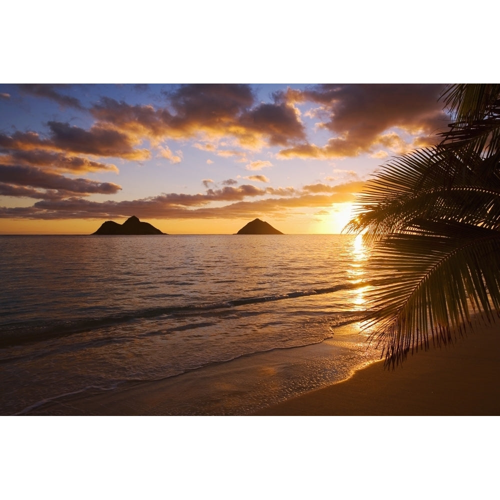 USA Hawaii Oahu Lanikai Beach with Mokulua island in background at sunrise; Lanikai Poster Print Image 1