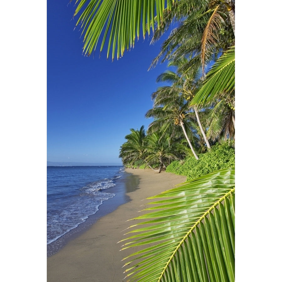 Hawaii Molokai A Small Deserted Beach On The South Shore Lanai In The Background. Poster Print Image 1