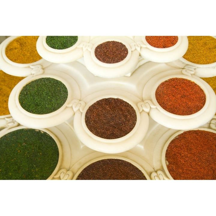 India Agra Abstract Colorful Bowls Of Spices In Vases From Above. Poster Print Image 2