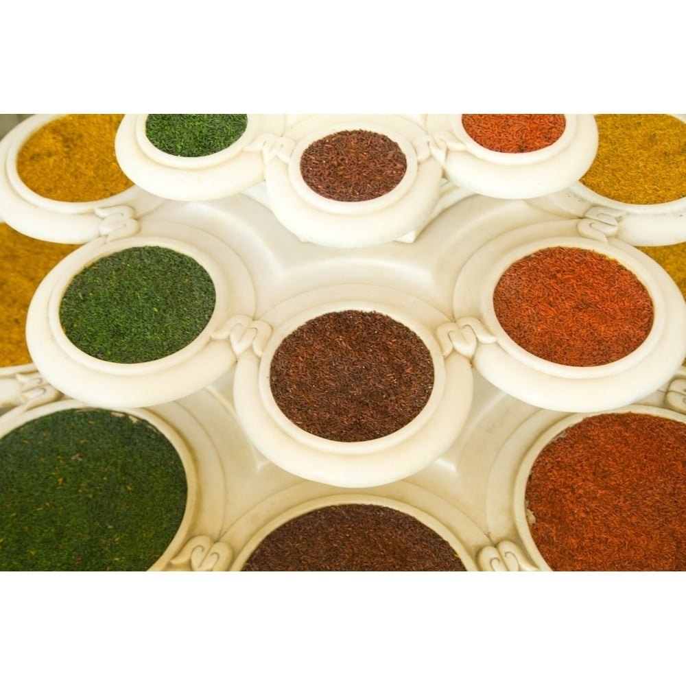 India Agra Abstract Colorful Bowls Of Spices In Vases From Above. Poster Print Image 1