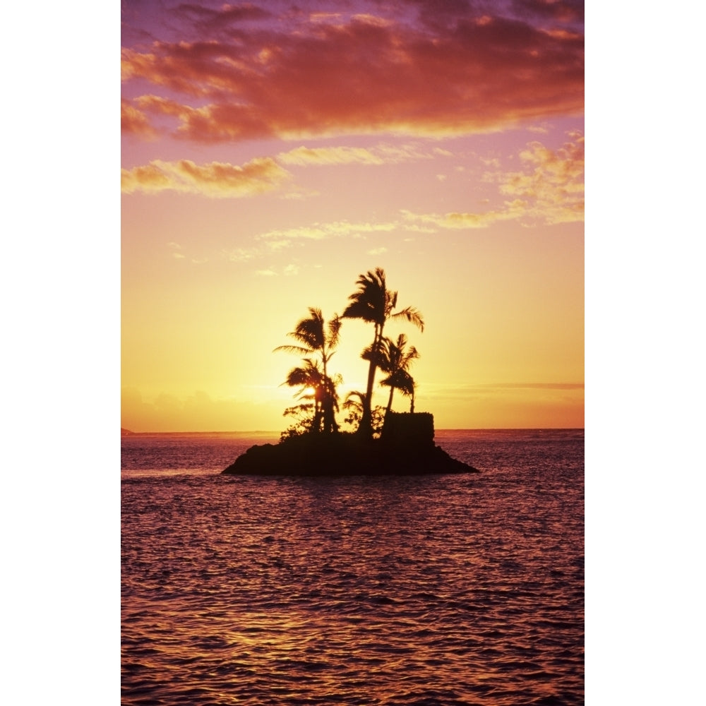 Palm Trees On Small Island Silhouetted Against Tropical Sunrise. Poster Print Image 1