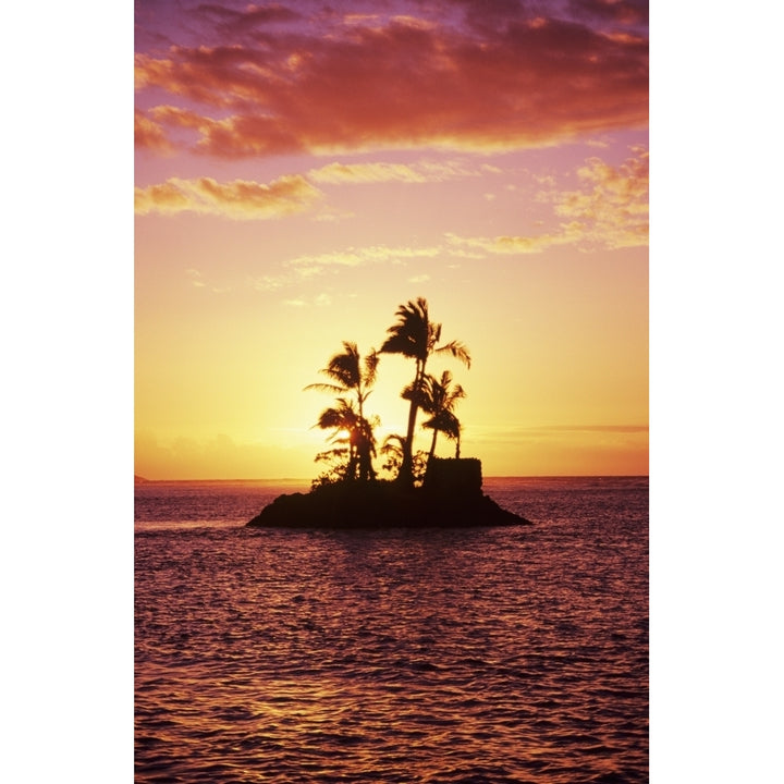 Palm Trees On Small Island Silhouetted Against Tropical Sunrise. Poster Print Image 2