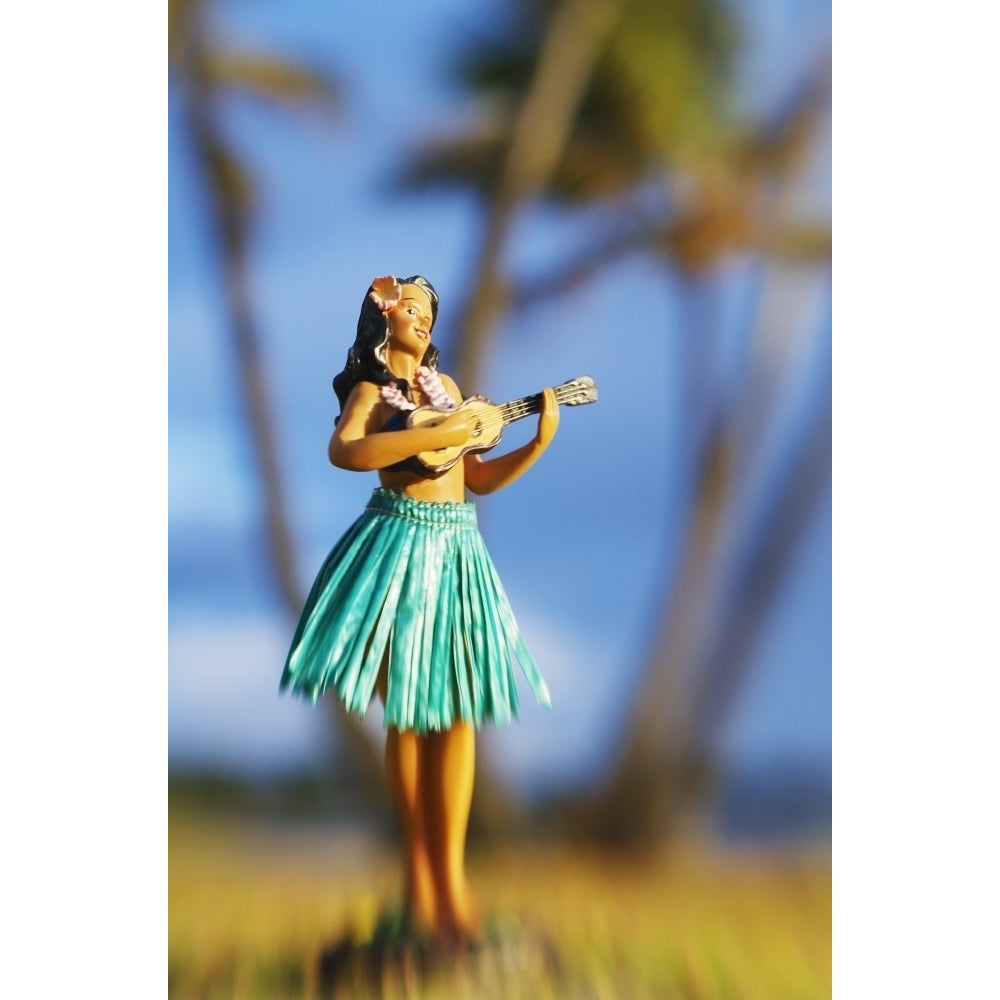 Hawaii Oahu Punaluu Hula Doll On The Grass Beneath Palm Trees. Poster Print Image 1