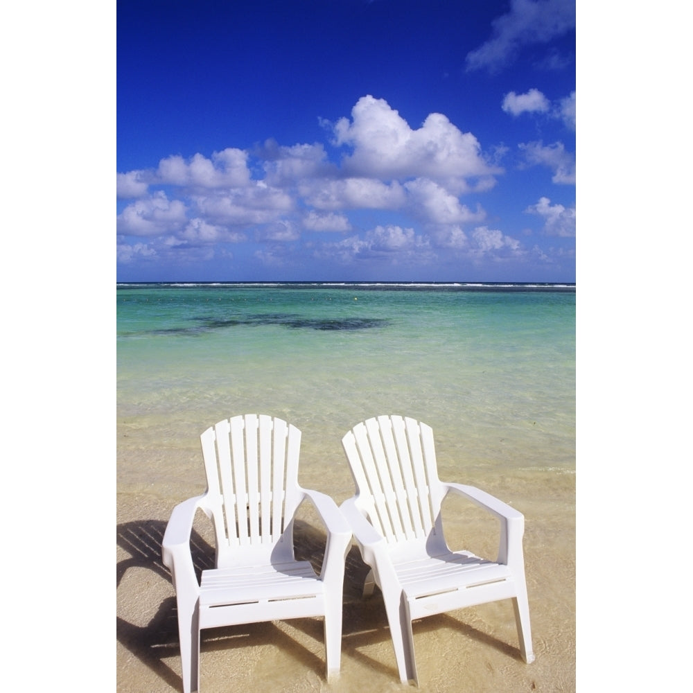 White Beach Chairs On Beautiful Beach Clear Turquoise Water. Poster Print Image 2