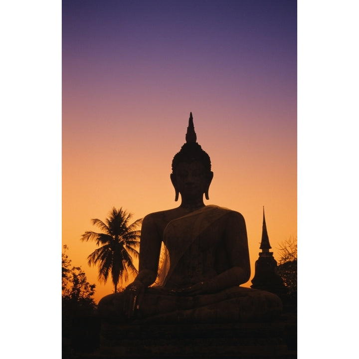 Thailand Sukhothai Wat Mahathat At Sunset Silhouetted Buddha Statue Purple And Orange Sky. Poster Print Image 1