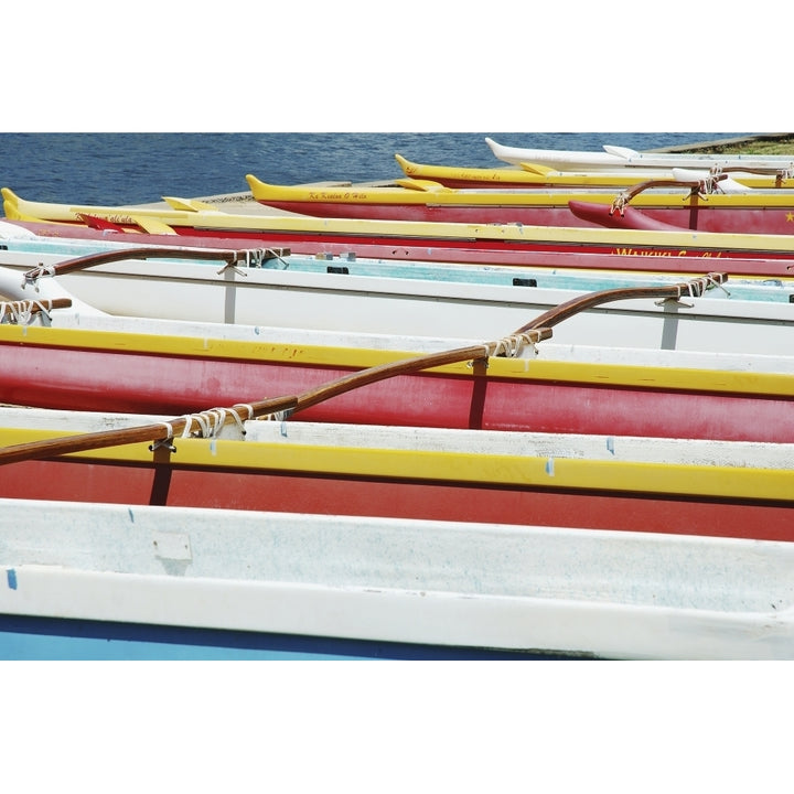 Hawaii Oahu Lineup Of Colorful Outrigger Canoes Poster Print Image 1