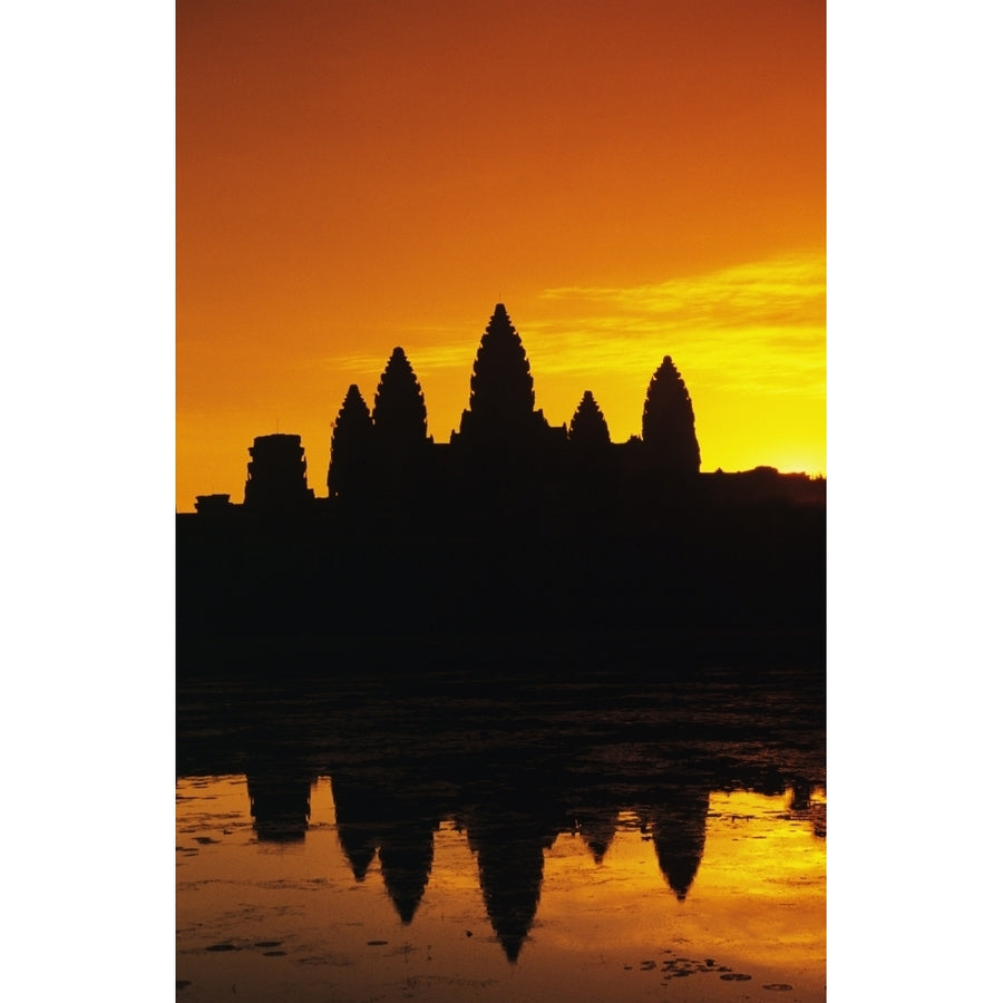 Cambodia Siem Reap Angkor Wat Silhouette Of Temple At Sunrise Reflections On Water Surface Ornage Sky Image 1