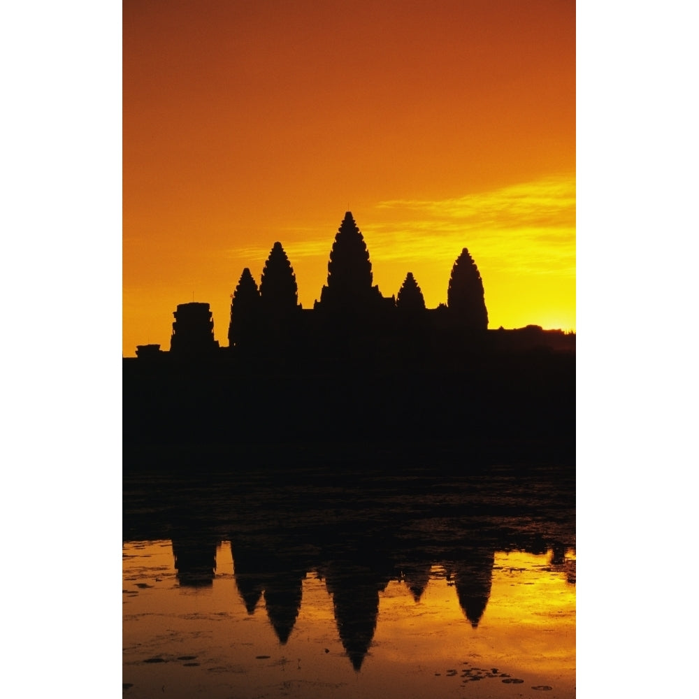 Cambodia Siem Reap Angkor Wat Silhouette Of Temple At Sunrise Reflections On Water Surface Ornage Sky Image 2