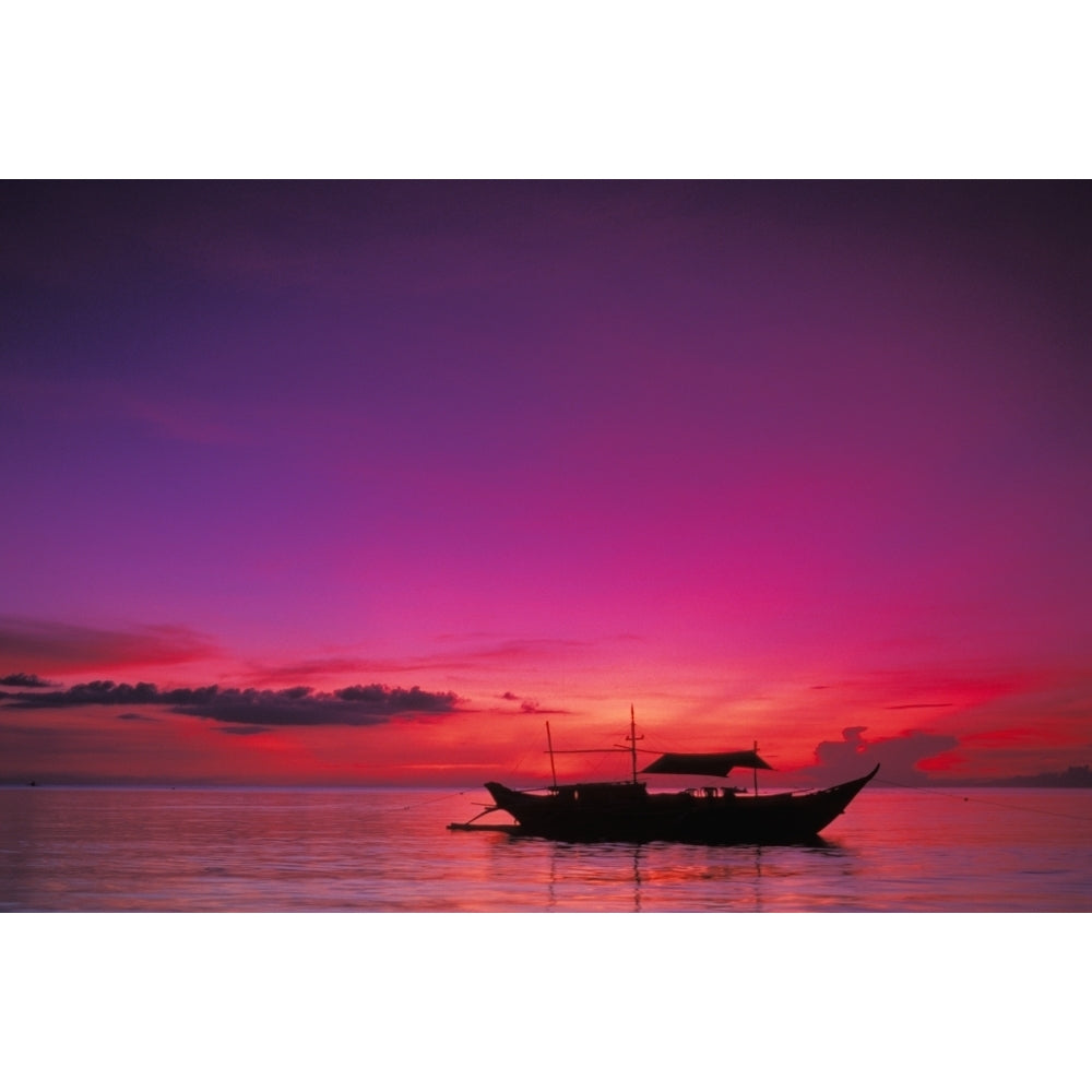 Philippines Boracay Island Outrigger Canoe Silhouetted At Sunset Purple Orange Sky Poster Print Image 1