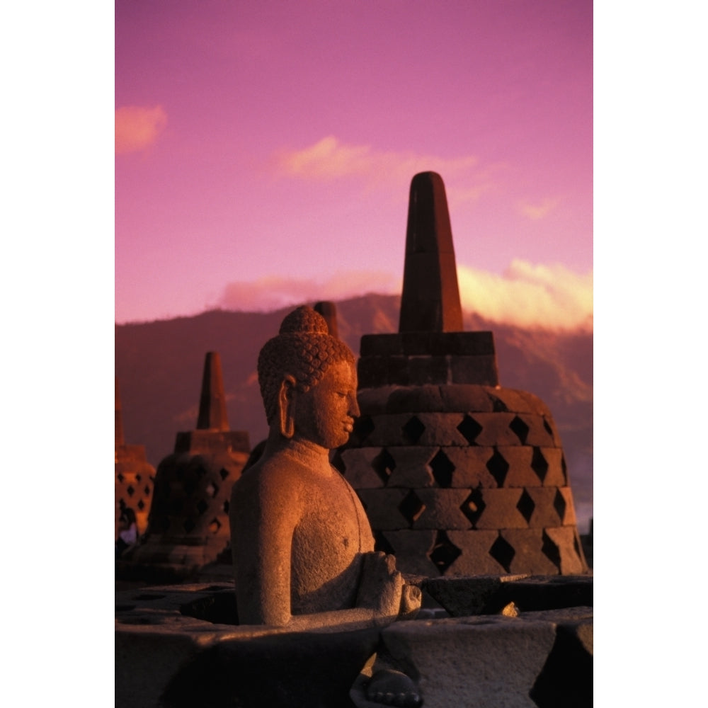 Indonesia Java Borobudor Temple And Buddha Statue At Sunrise Pink Misty Sky Poster Print Image 2