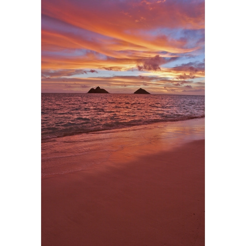 Hawaii Oahu Lanikai A Colorful Pink Sunrise Over The Mokolua Islands. Poster Print Image 1