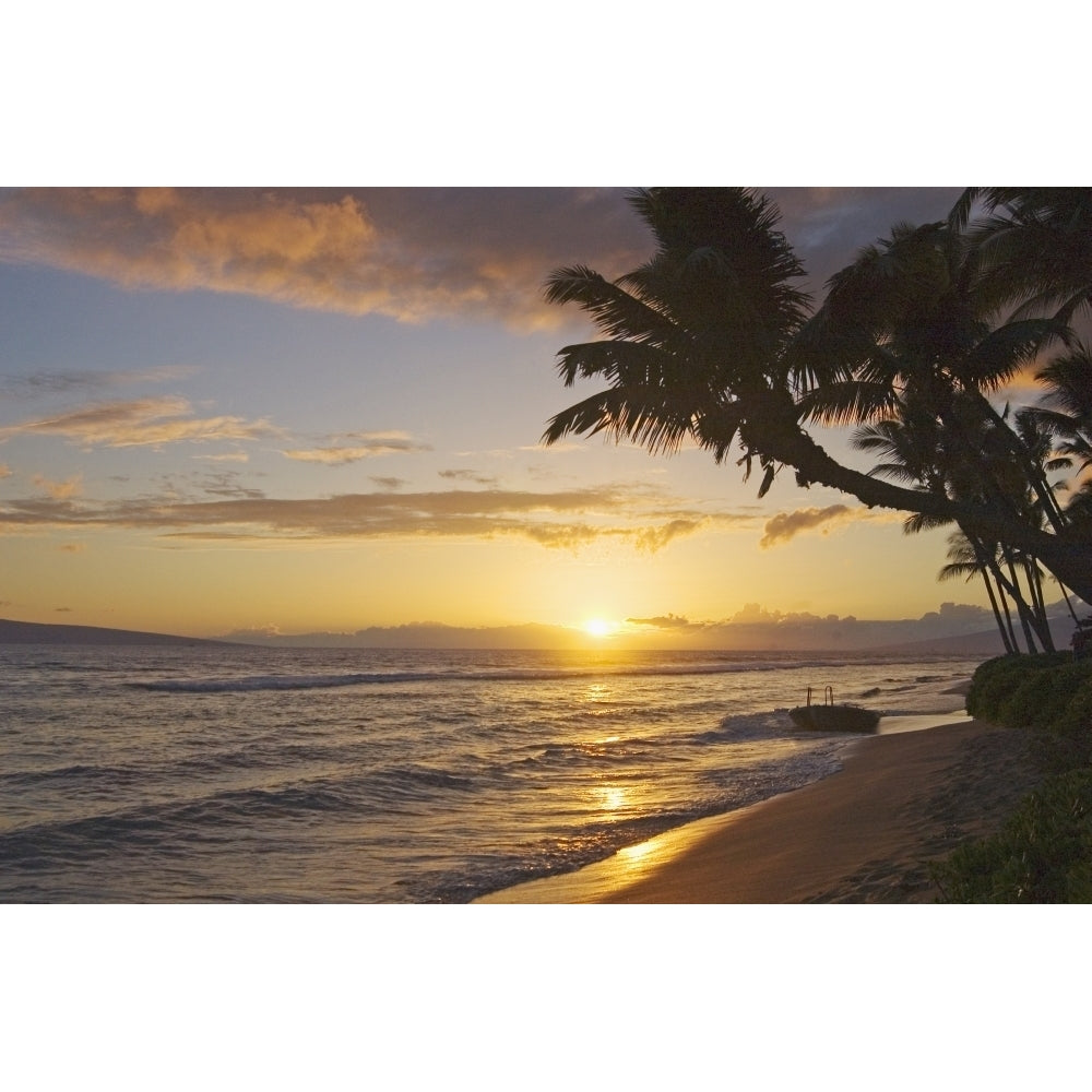 Hawaii Maui Kaanapali Resort Sunset With Beach And Palm Trees. Poster Print Image 1