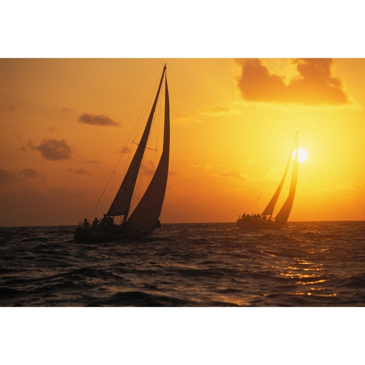 Hawaii Two Sailboats Silhouetted At Sunset Yellow And Orange Skies Poster Print Image 1