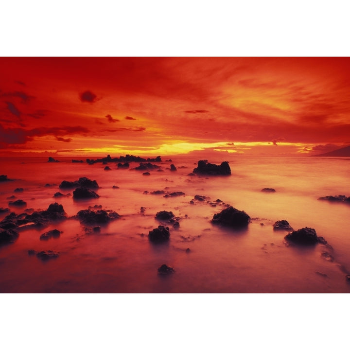 Hawaii Maui Lava Rock Beach At Sunset With Dramatic Red Yellow Sky And Shore Poster Print Image 1