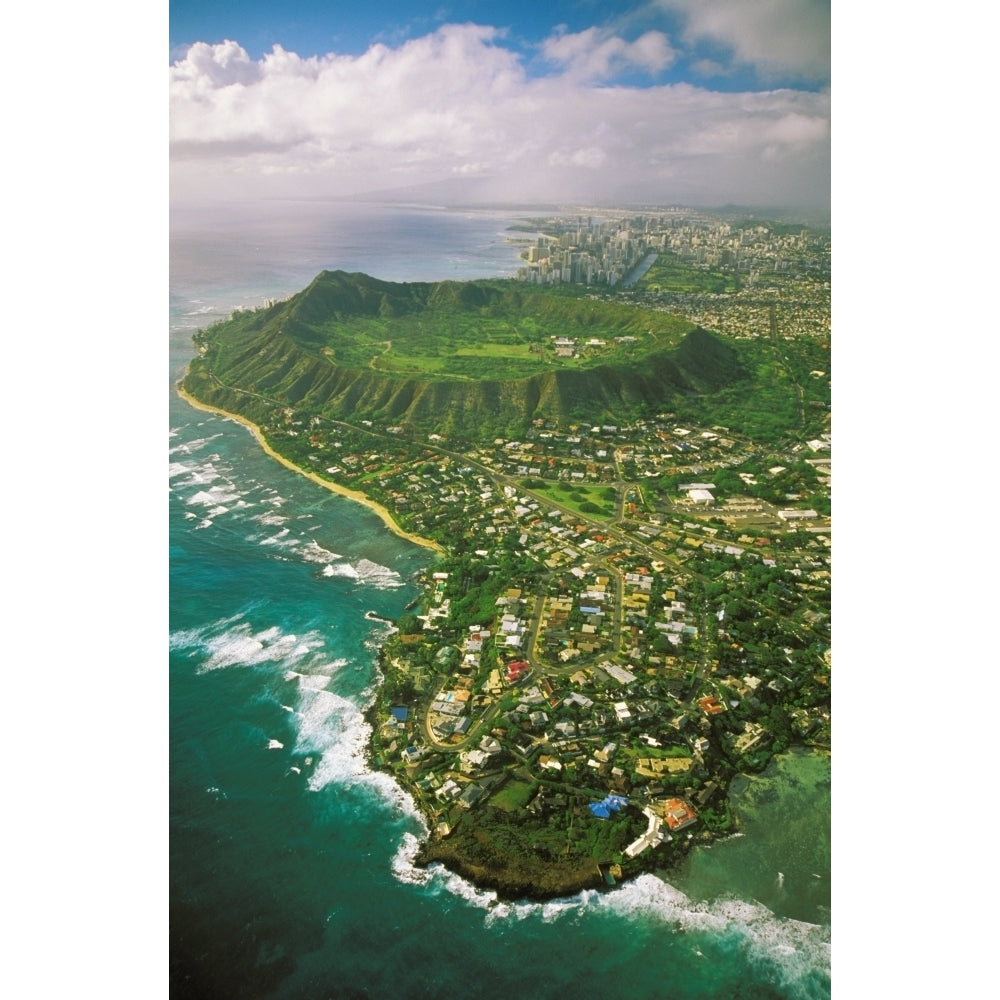 Hawaii Oahu Coastline Aerial Of Kahala Homes And Diamond Head Crater Waikiki Hotels Background Poster Print Image 2