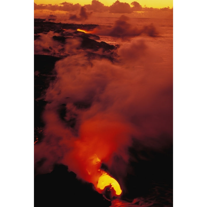 Hawaii Big Island Hawaii Volcanoes National Park Lava Flowing In To Sea Kilauea Volcano Poster Print Image 1