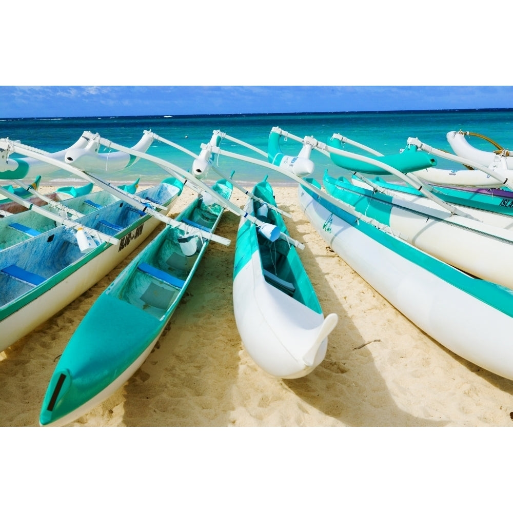 Hawaii Oahu Lanikai Outrigger Canoes Stacked Along The Beach Poster Print Image 2