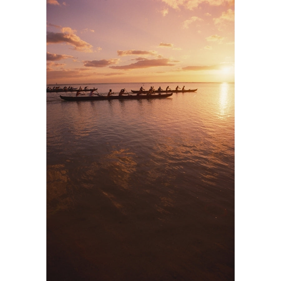 Hawaii Outrigger Canoe And Paddlers Silhouetted Pink Sunset And Ocean Reflections Poster Print Image 1