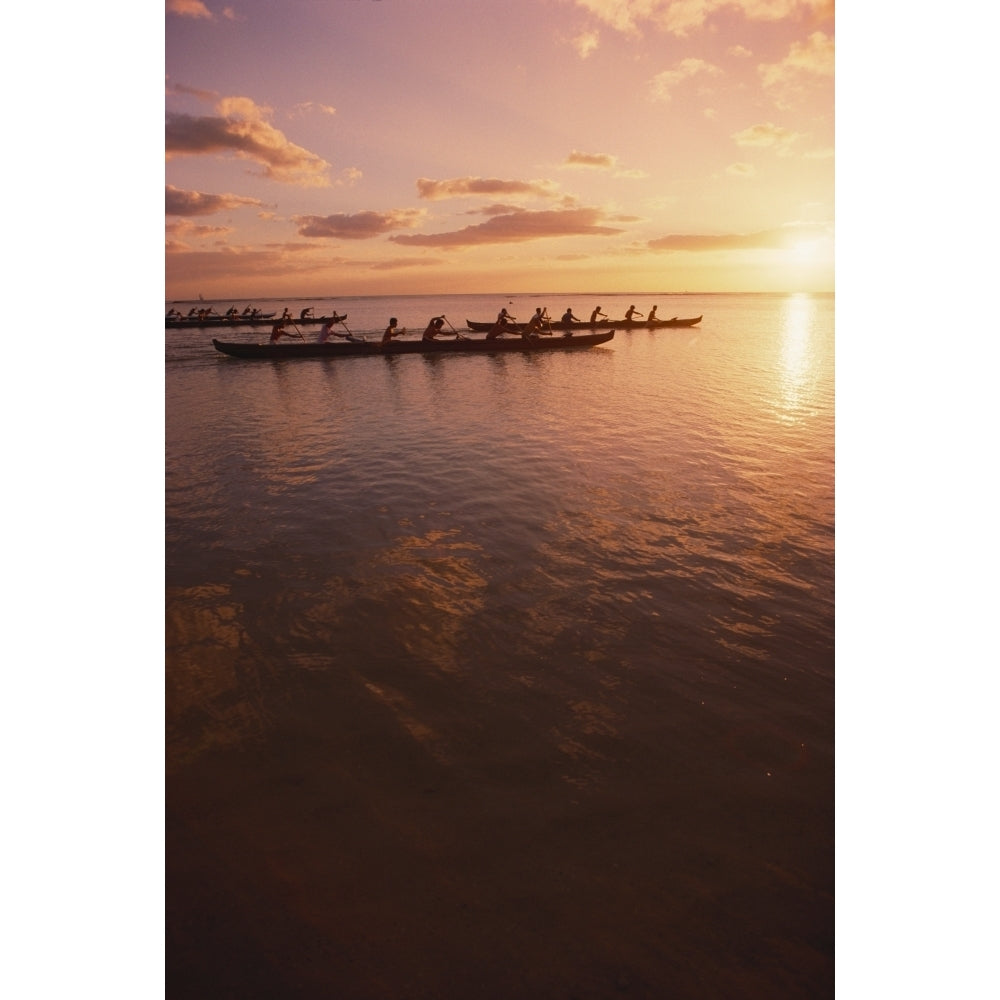 Hawaii Outrigger Canoe And Paddlers Silhouetted Pink Sunset And Ocean Reflections Poster Print Image 2