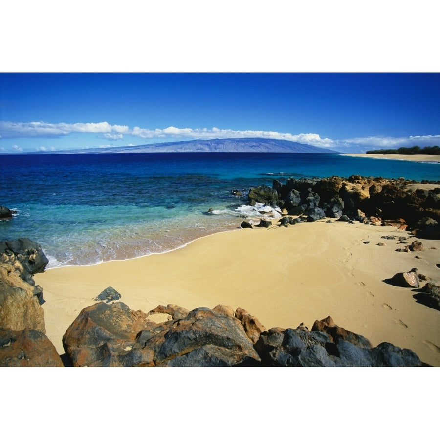 Hawaii Lanai Polihua Beach; Footprints In Sand Rocks Around Beach Molokai In Distance Poster Print Image 1