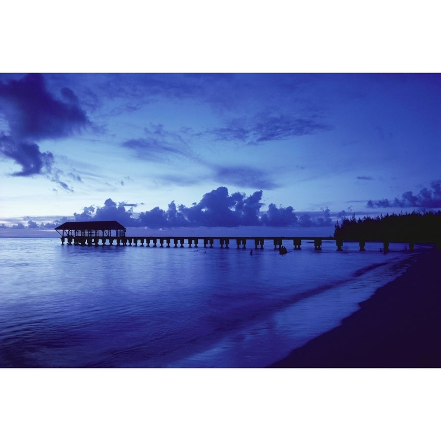 Hawaii Kauai Hanalei Bay Pier At Twilight Deep Blue Sky And Ocean. Poster Print Image 1