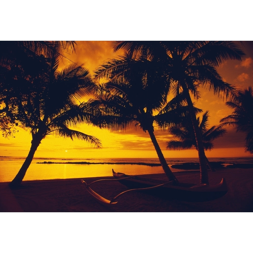 Hawaii Big Island Mauna Lani Beach Hotel Ocean Sunset Outrigger Canoe Resting On A Tropical Beach. Print Image 2