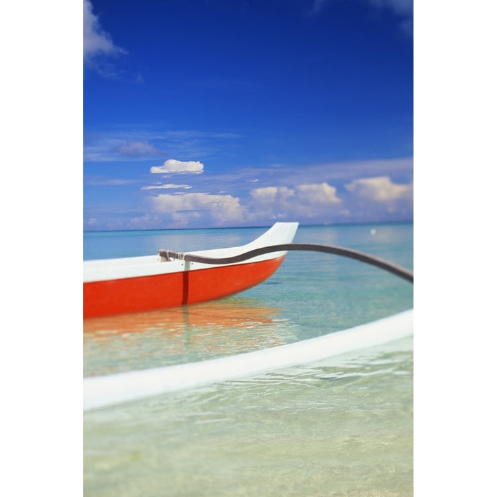 Red And White Outrigger Canoe Floating On Calm Turquoise Water. Poster Print Image 1