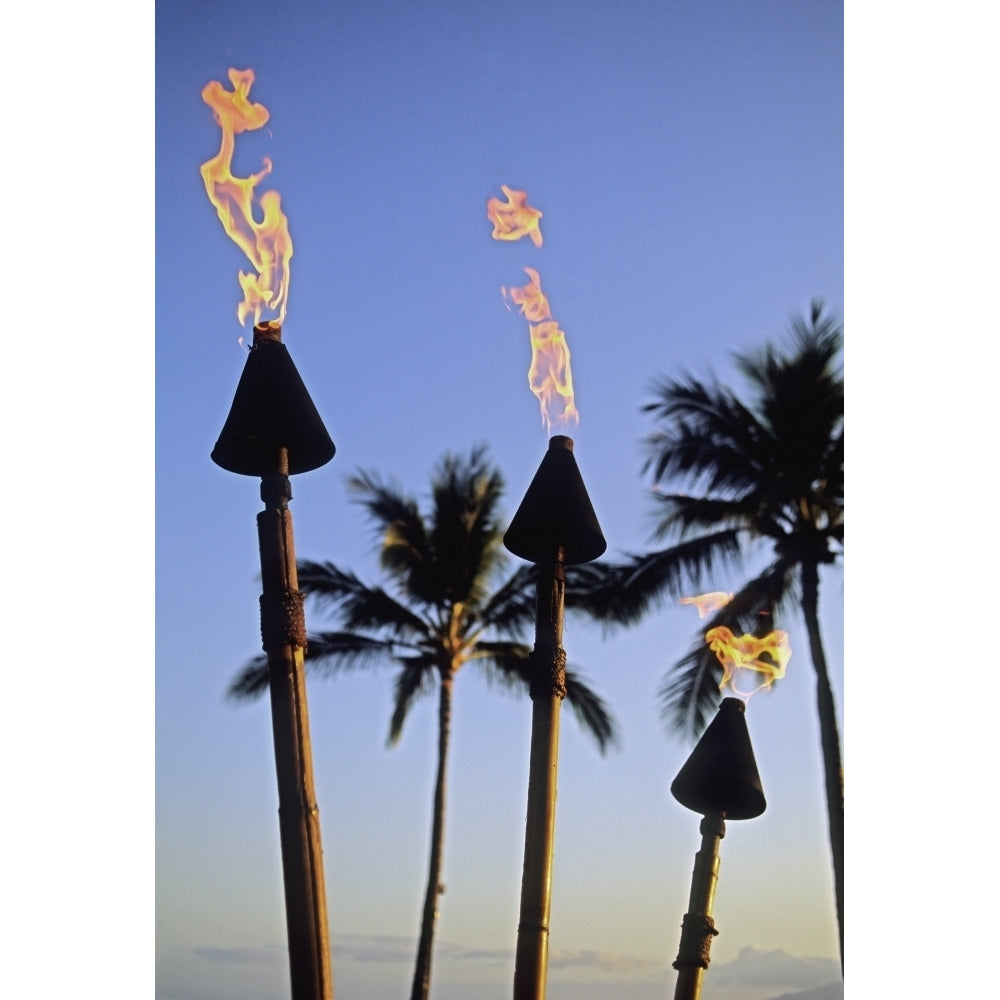 Hawaii Tiki Torches Lit At Dusk Palm Trees And Blue Sky Poster Print Image 1