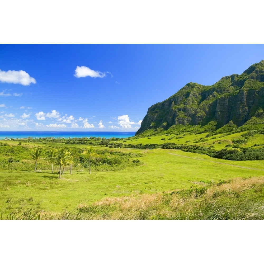 Hawaii Oahu Kualoa Ranch Mountains And Ocean In Distance Poster Print Image 2