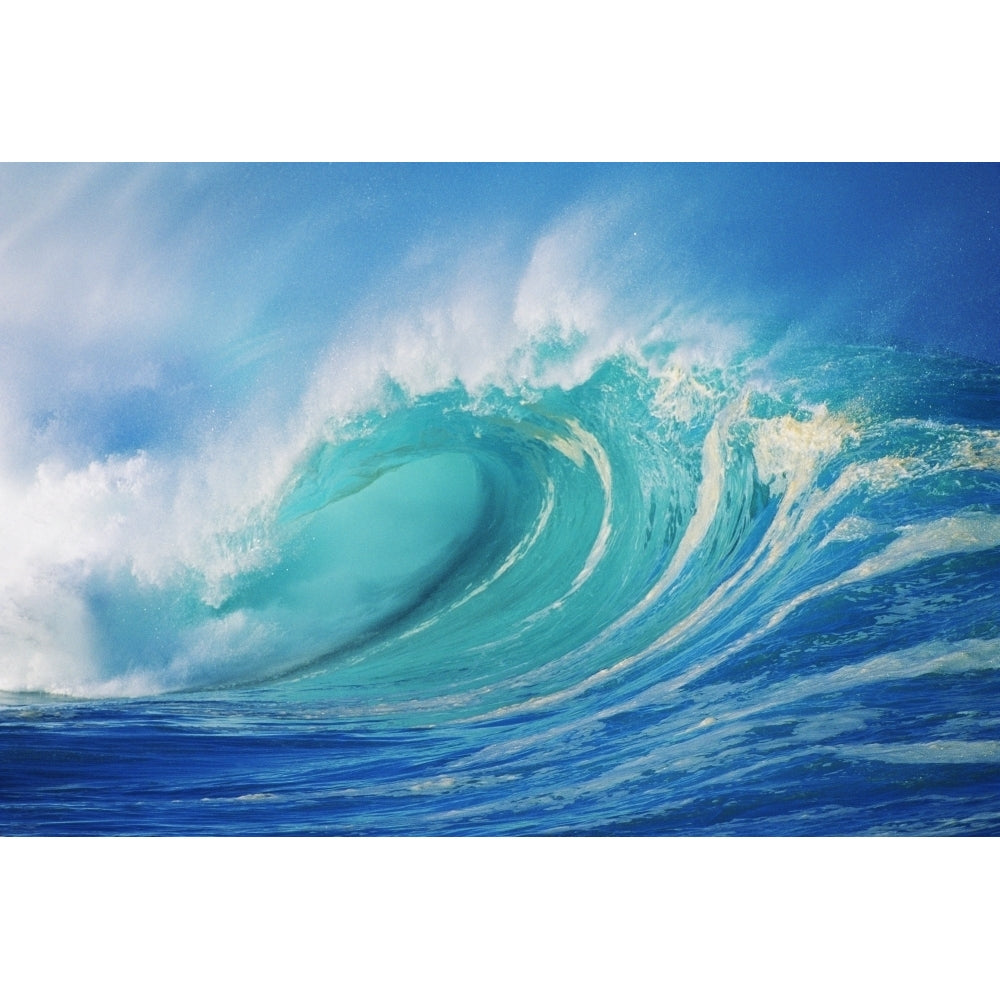 Hawaii Oahu North Shore Large Wave Curling Breaking With White Mist Blowing Back. Poster Print Image 1