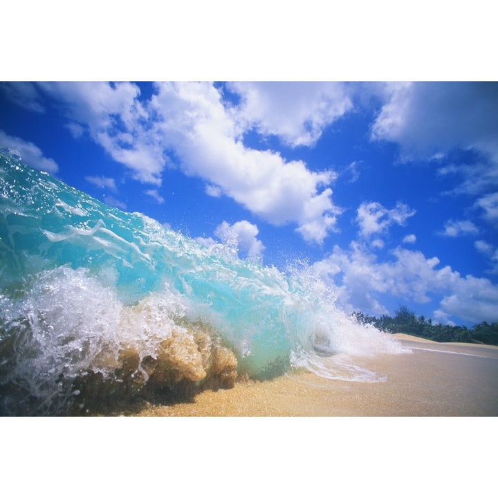 Closeup Action Of Shorebreak Ocean Wave Turbulent Motion Blue Sky With Puffy Clouds Poster Print Image 1