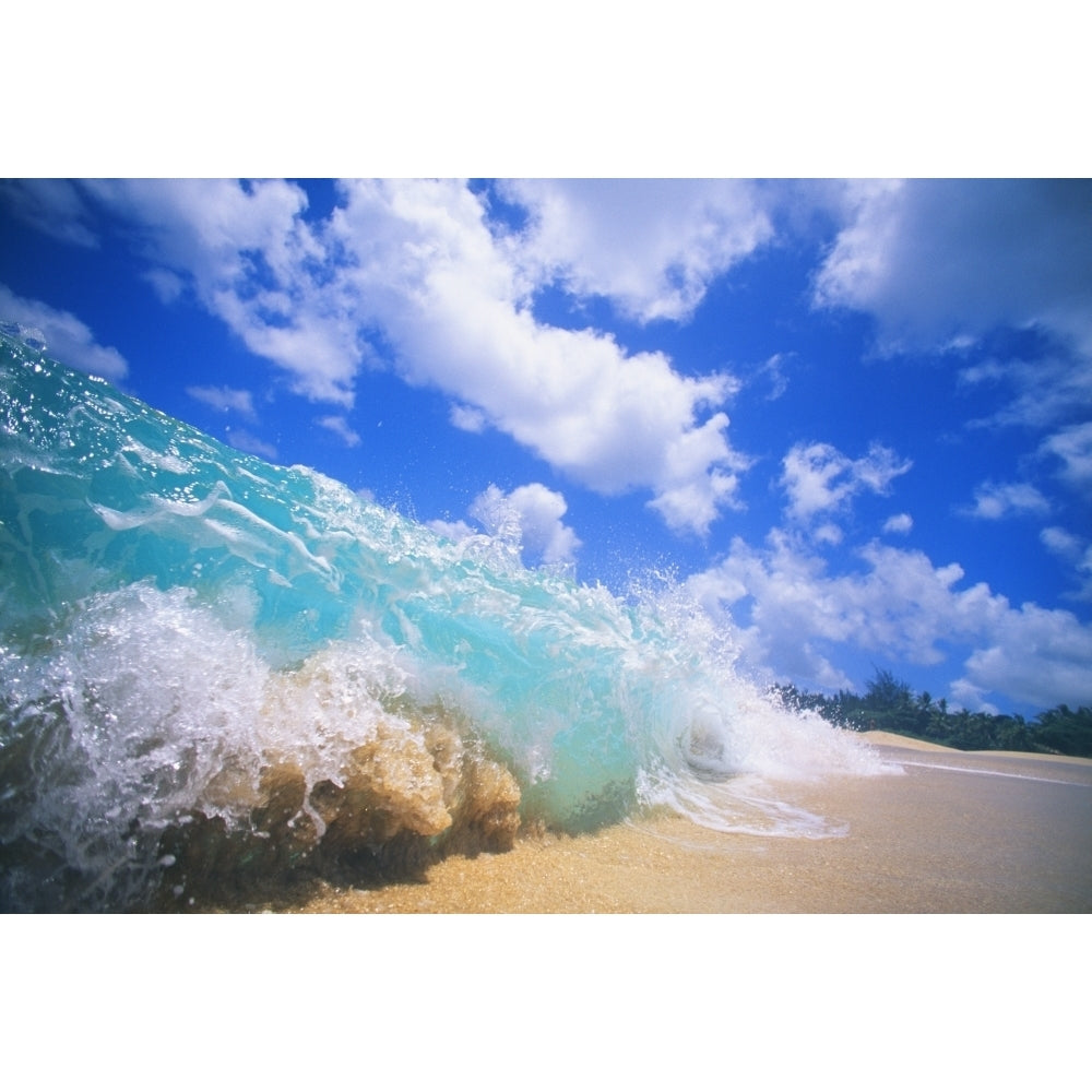 Closeup Action Of Shorebreak Ocean Wave Turbulent Motion Blue Sky With Puffy Clouds Poster Print Image 2