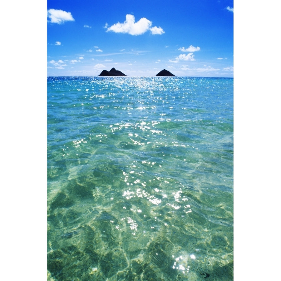 Hawaii Oahu Lanikai Beach View Of Water Sky Clouds And Mokulua Islands Poster Print Image 1