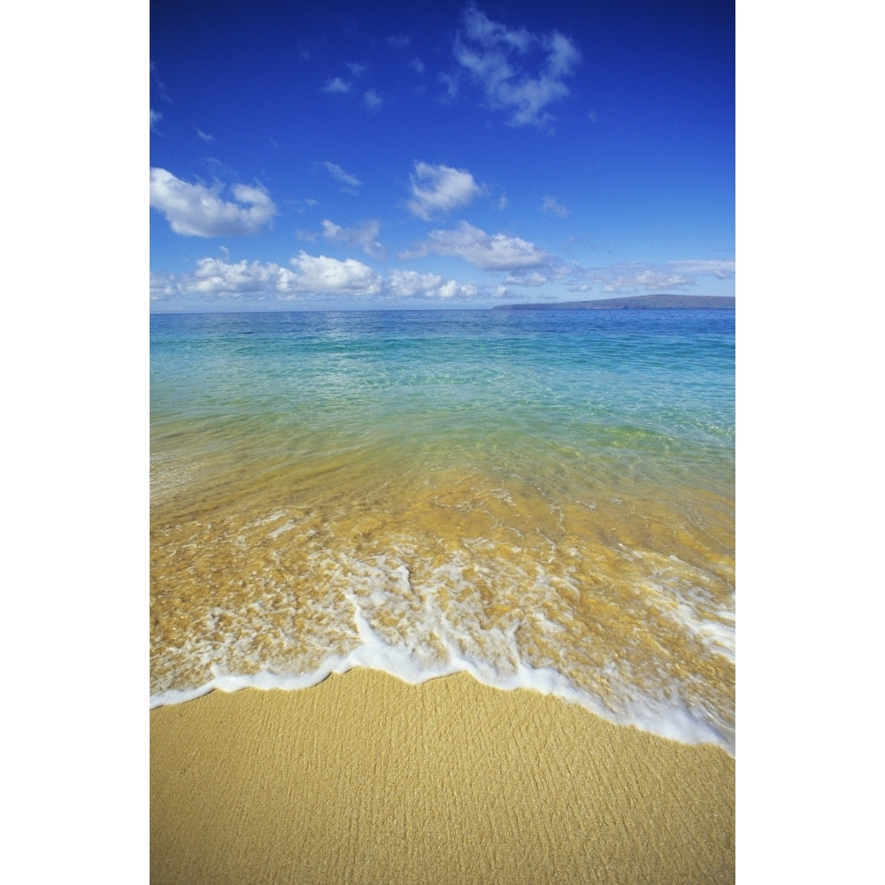 Hawaii Maui Makena Beach Closeup Of Textured Foamy Shoreline Calm Turquoise Ocean. Poster Print Image 1