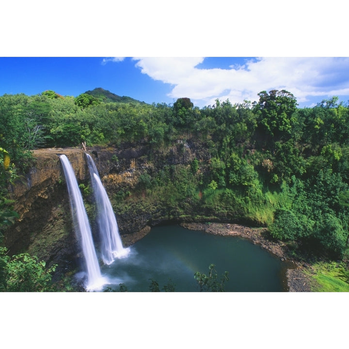 Hawaii Kauai Wailua Falls 80 Foot High Waterfall Cascading Into Deep Pool. Poster Print Image 1