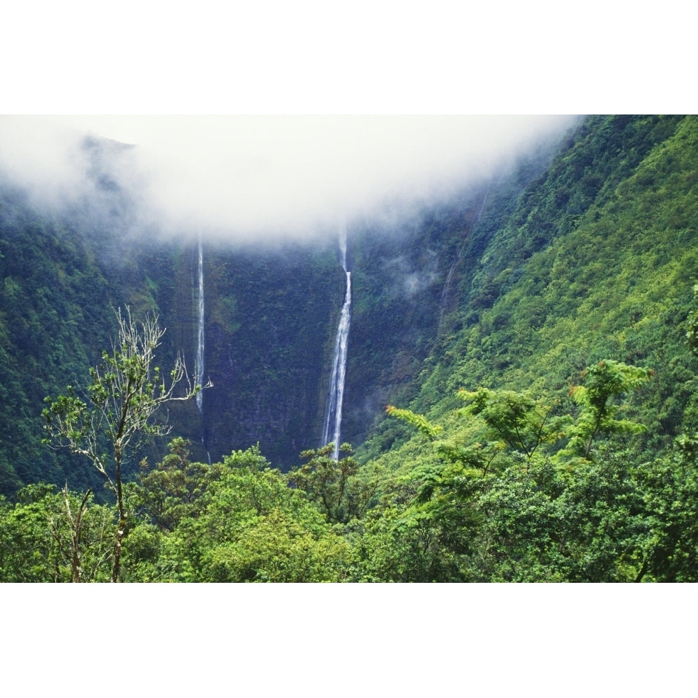 Hawaii Big Island Waipio Valley Twin Waterfalls With Lush Greenery. Poster Print Image 1