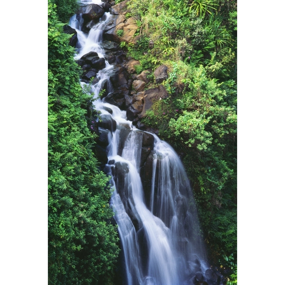 Hawaii Big Island Hamakua Coast Waterfall Running Through Crevice Of Mountain Poster Print Image 1