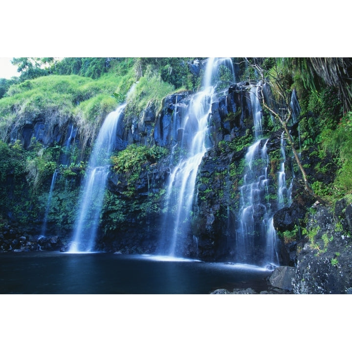 Hawaii Maui Hana Coast Waterfall Flows Into Blue Pool. Poster Print Image 1