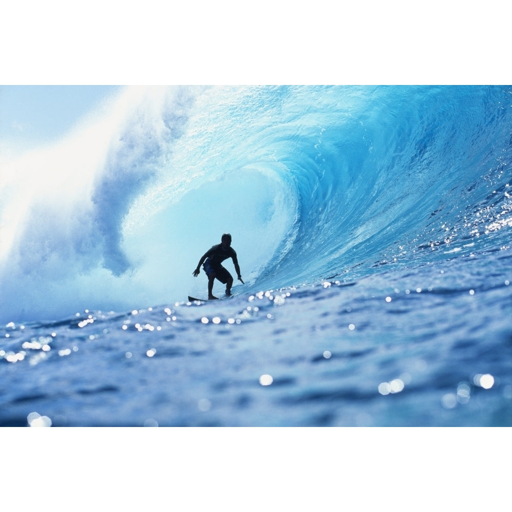 Hawaii Oahu North Shore Silhouette Of Surfer In Pipeline Barrel Poster Print Image 1