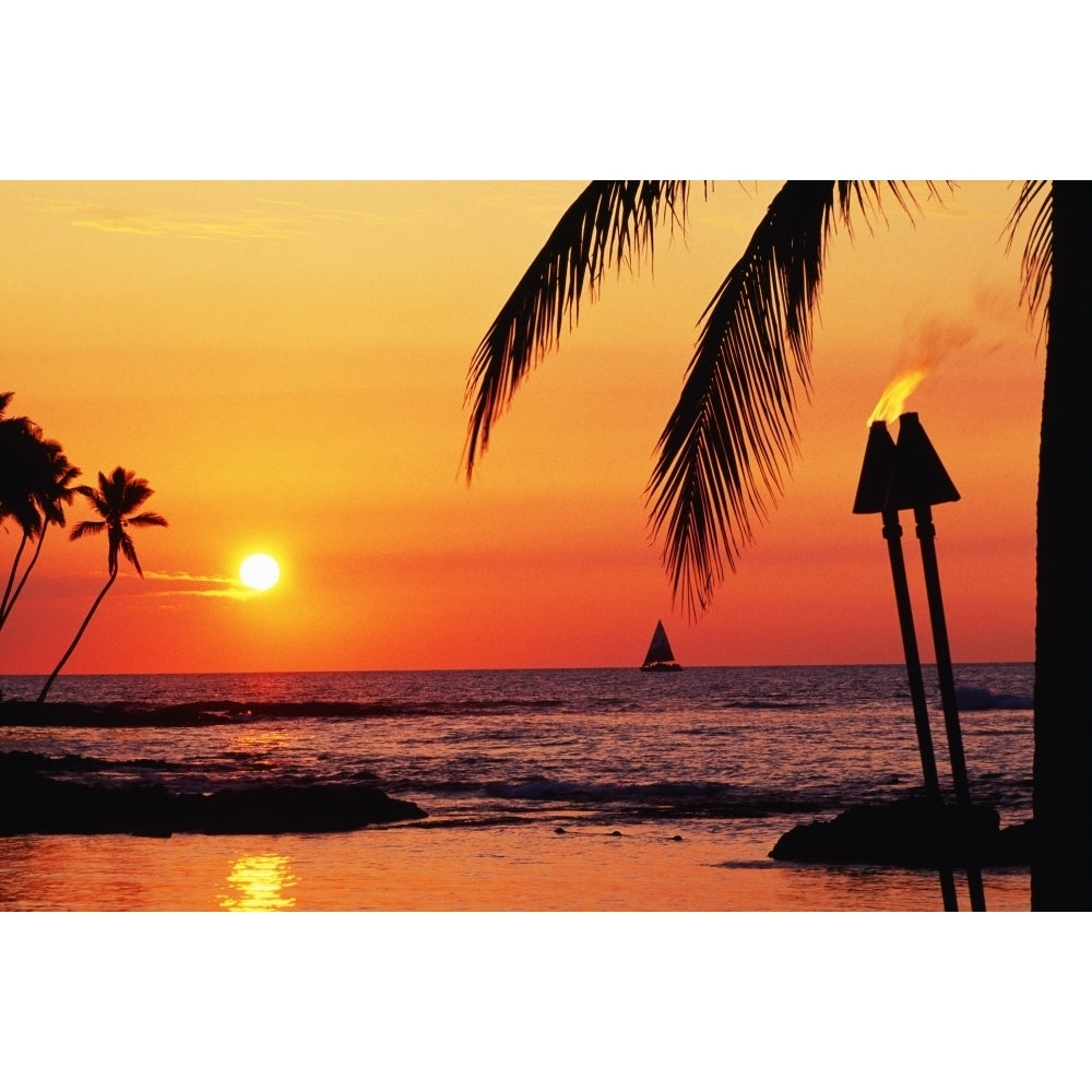 Hawaii Big Island Kohala Waiulua Bay Orange Sunset With Palm Trees Sailboat And Tiki Torches. Print Image 2