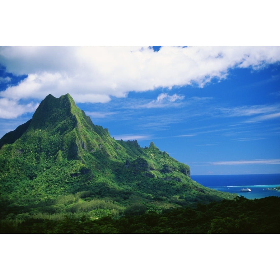 French Polynesia Tahiti Moorea Mount Rotui Green Mountaintop Ocean Below Poster Print Image 1