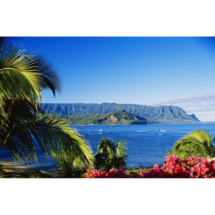 Hawaii Kauai Hanalei Bay Bali Hai Ocean And Coastline Framed With Flowers And Palms Poster Print Image 1