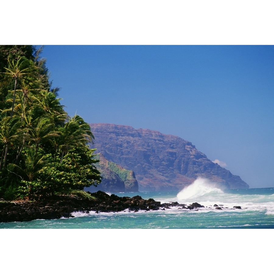 Hawaii Kauai Napali Coast Storm Surf Pounding Along Shoreline Blue Skies Poster Print Image 1