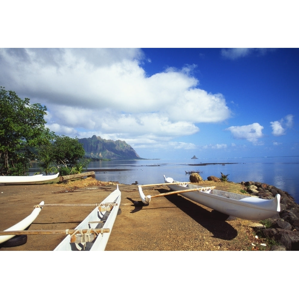 Hawaii Oahu Waiahole Outrigger Canoes On Beach Turquoise Water Poster Print Image 1