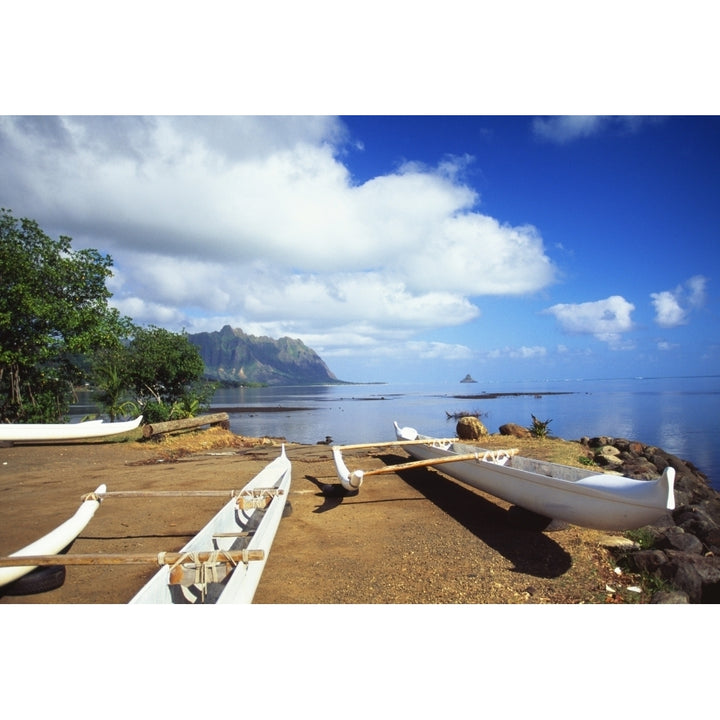 Hawaii Oahu Waiahole Outrigger Canoes On Beach Turquoise Water Poster Print Image 2