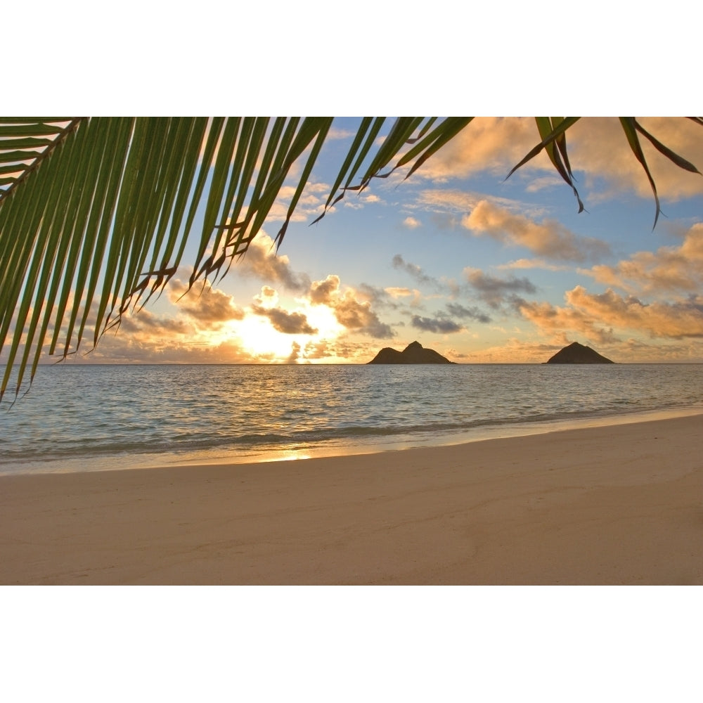 Hawaii Oahu Sunrise Over Mokulua Islands Golden Light Dramatic Sky And Ocean Poster Print Image 1